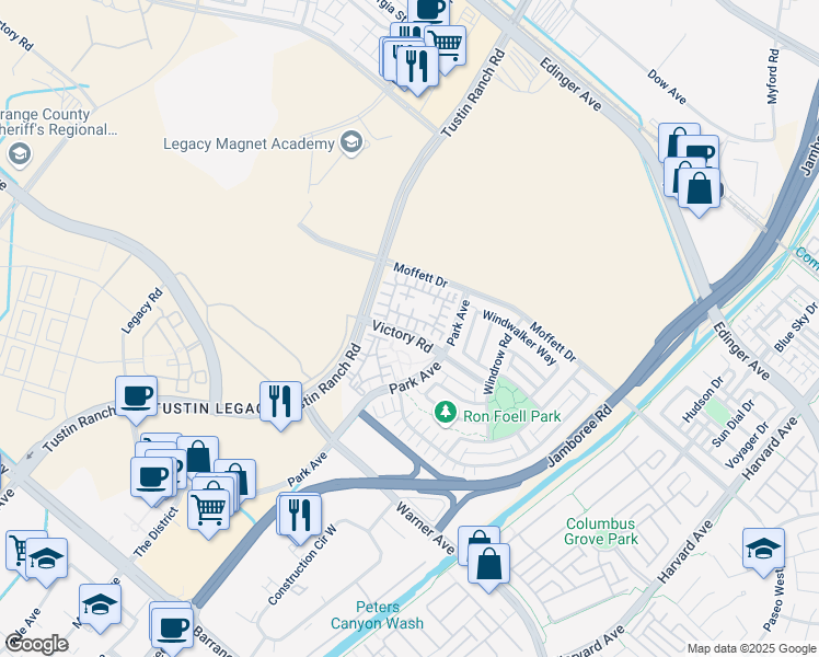 map of restaurants, bars, coffee shops, grocery stores, and more near 430 Transport in Tustin