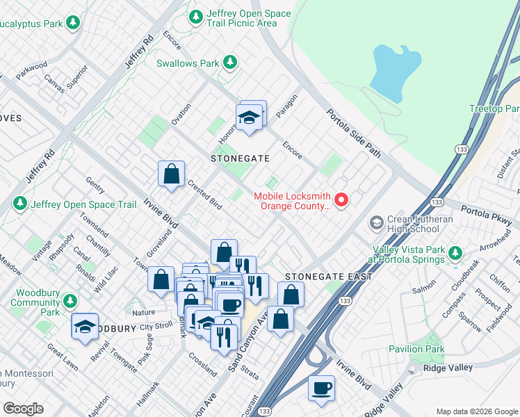 map of restaurants, bars, coffee shops, grocery stores, and more near 29 Norwich in Irvine