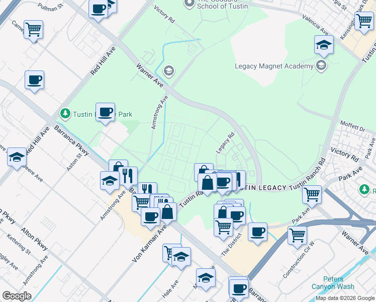 map of restaurants, bars, coffee shops, grocery stores, and more near Tustin Ranch in Irvine