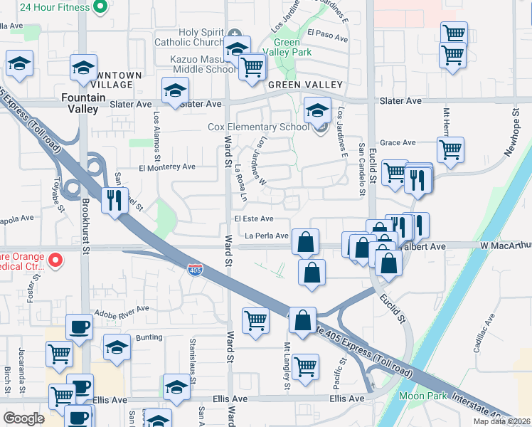 map of restaurants, bars, coffee shops, grocery stores, and more near 10629 El Este Avenue in Fountain Valley