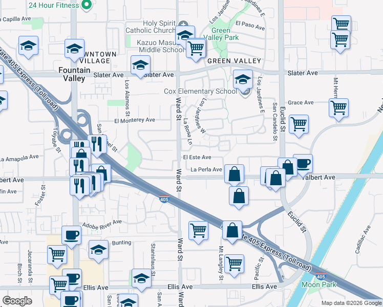 map of restaurants, bars, coffee shops, grocery stores, and more near 10539 El Este Avenue in Fountain Valley
