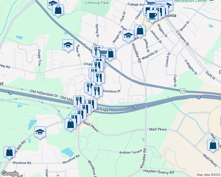 map of restaurants, bars, coffee shops, grocery stores, and more near 2837 Davidson Drive in Lithonia