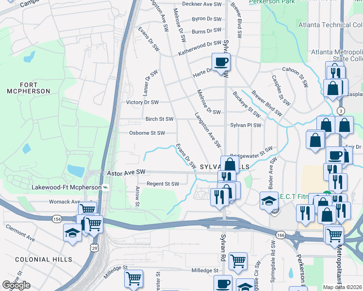 map of restaurants, bars, coffee shops, grocery stores, and more near 1876 Evans Drive Southwest in Atlanta