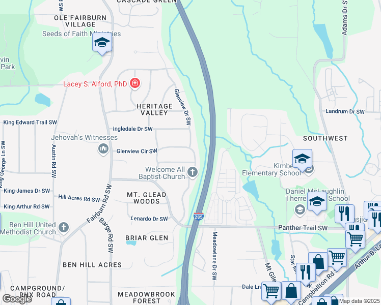 map of restaurants, bars, coffee shops, grocery stores, and more near 3390 Glenview Circle Southwest in Atlanta