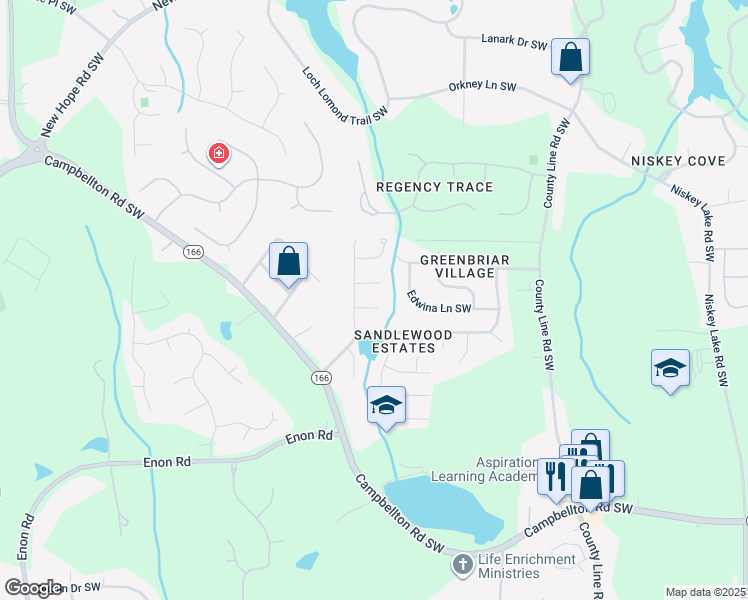 map of restaurants, bars, coffee shops, grocery stores, and more near 2200 Sandridge Place Southwest in Atlanta