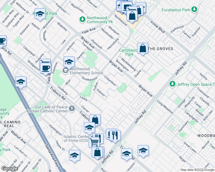 map of restaurants, bars, coffee shops, grocery stores, and more near 9 Williams in Irvine