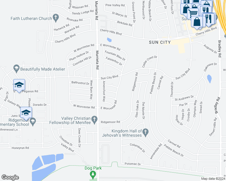 map of restaurants, bars, coffee shops, grocery stores, and more near 26150 Port Rush Drive in Menifee