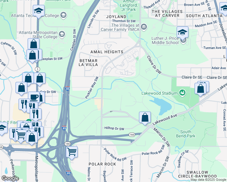 map of restaurants, bars, coffee shops, grocery stores, and more near 2002 Lakewood Way Southwest in Atlanta