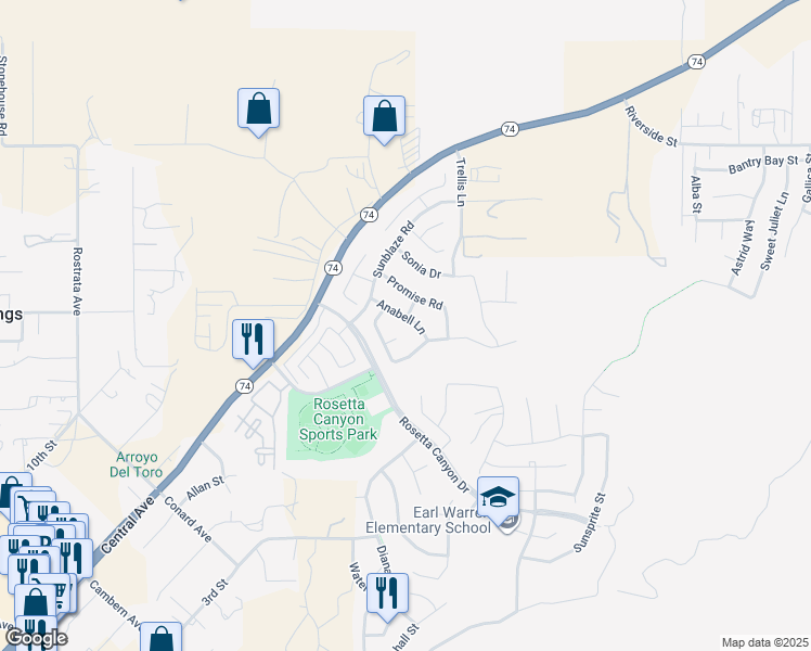 map of restaurants, bars, coffee shops, grocery stores, and more near 45007 Anabell Lane in Lake Elsinore