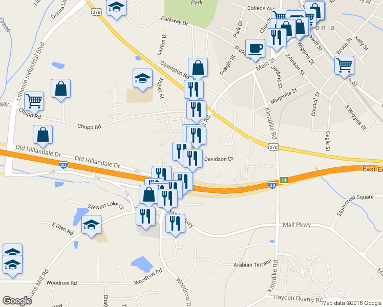 map of restaurants, bars, coffee shops, grocery stores, and more near 2787 Evans Mill Road in Lithonia