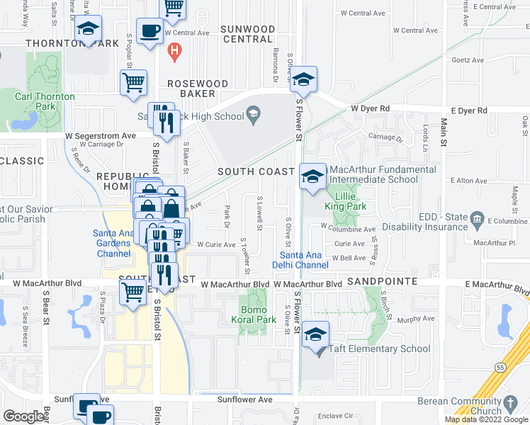map of restaurants, bars, coffee shops, grocery stores, and more near 3305 South Lowell Street in Santa Ana