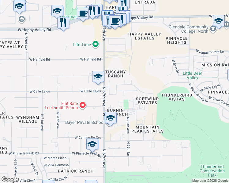 map of restaurants, bars, coffee shops, grocery stores, and more near 23838 North 66th Avenue in Glendale