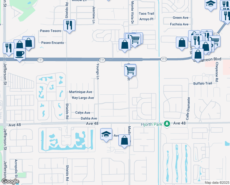 map of restaurants, bars, coffee shops, grocery stores, and more near 80762 Canyon Trail in Indio