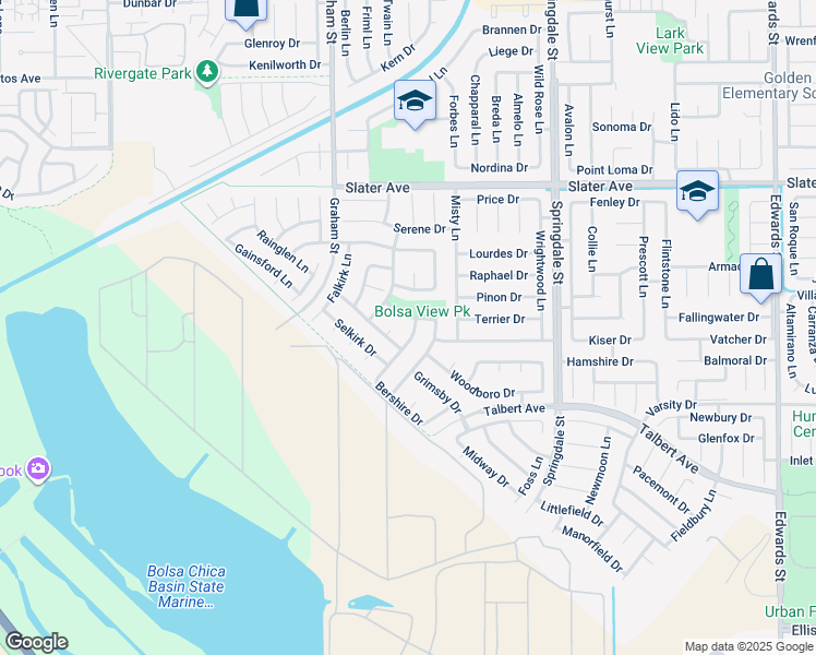 map of restaurants, bars, coffee shops, grocery stores, and more near 17832 Shoreham Lane in Huntington Beach