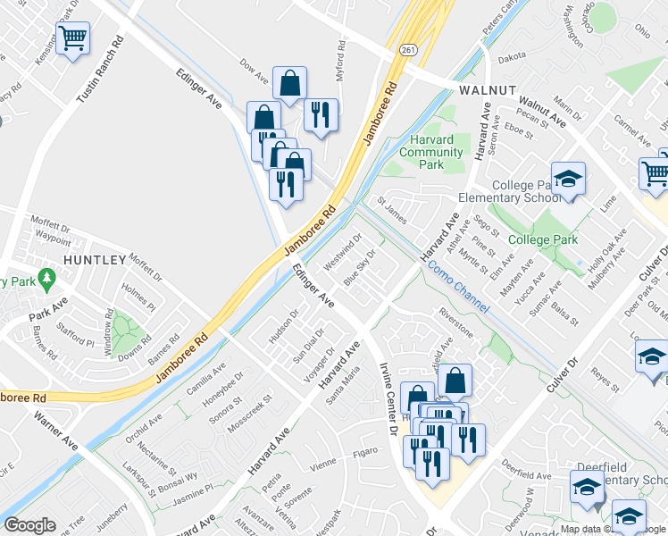 map of restaurants, bars, coffee shops, grocery stores, and more near 244 Kitty Hawk Lane in Tustin