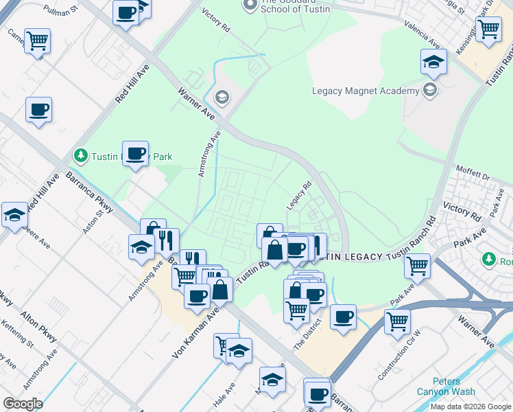 map of restaurants, bars, coffee shops, grocery stores, and more near Tustin Ranch in Irvine