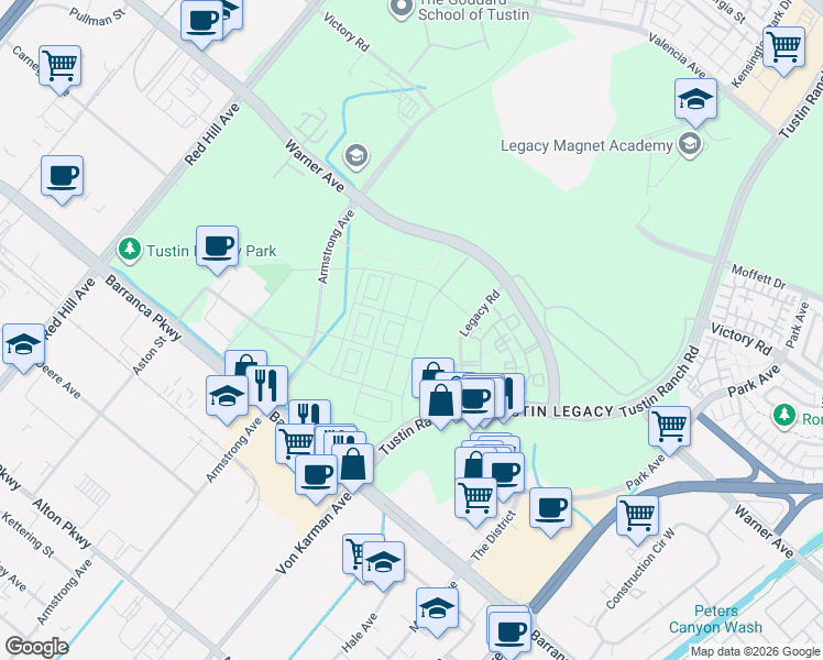 map of restaurants, bars, coffee shops, grocery stores, and more near 16235 Dawn Way in Tustin