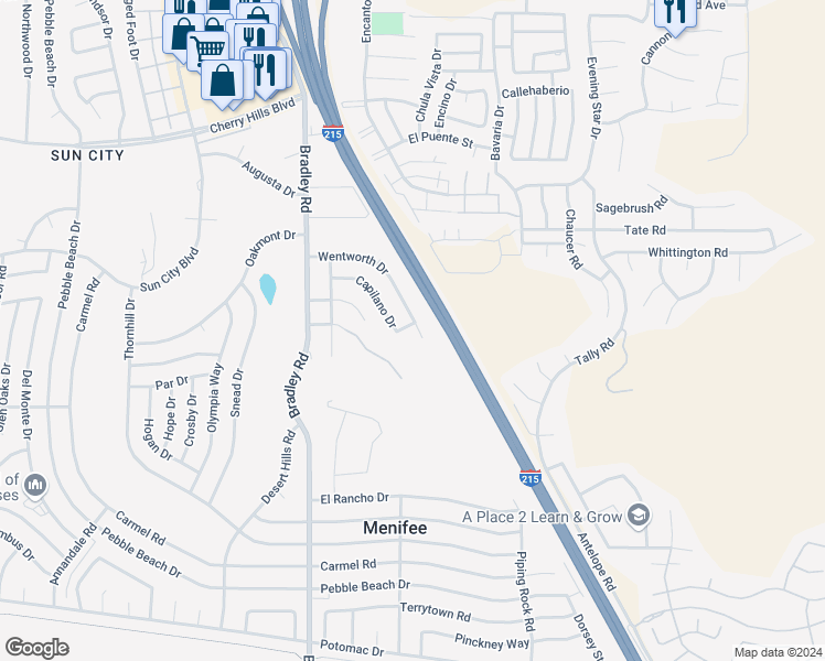 map of restaurants, bars, coffee shops, grocery stores, and more near 27369 Capilano Drive in Menifee