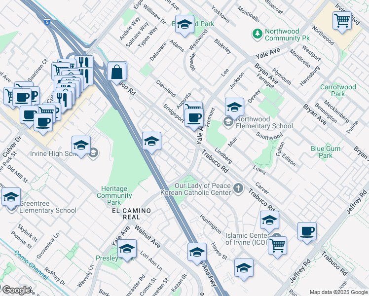 map of restaurants, bars, coffee shops, grocery stores, and more near 332 Monroe in Irvine