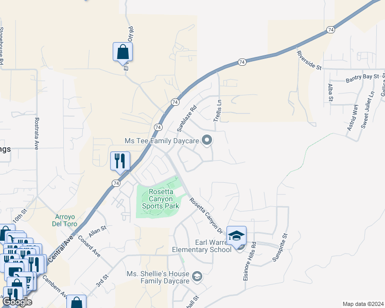 map of restaurants, bars, coffee shops, grocery stores, and more near 45007 Anabell Lane in Lake Elsinore