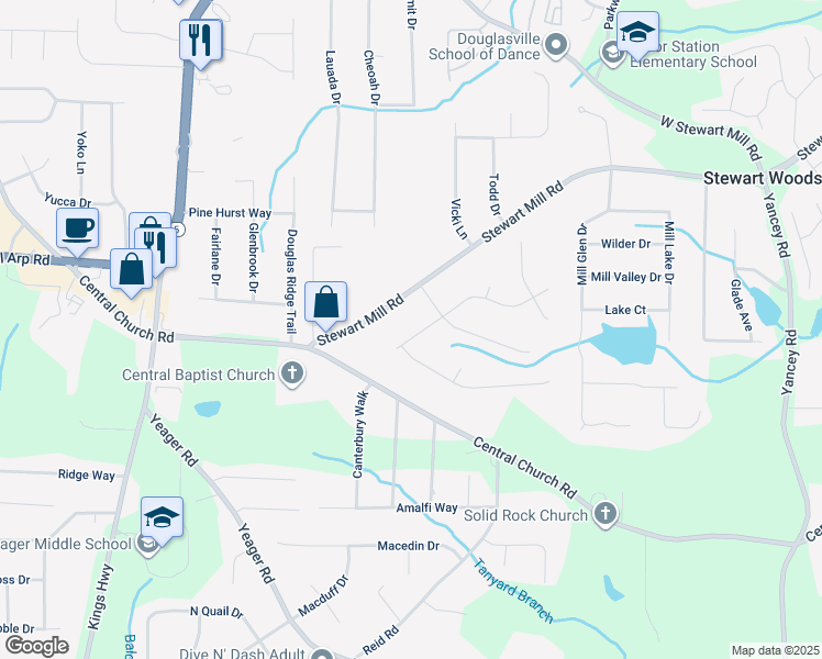 map of restaurants, bars, coffee shops, grocery stores, and more near 5744 Mountain Park Way in Douglasville