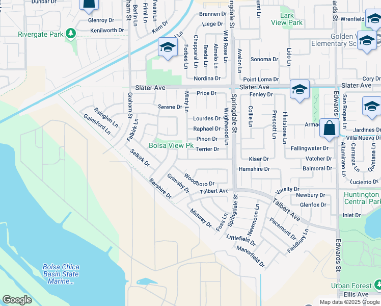 map of restaurants, bars, coffee shops, grocery stores, and more near 5772 Terrier Drive in Huntington Beach
