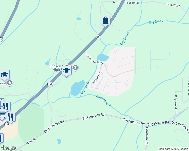map of restaurants, bars, coffee shops, grocery stores, and more near 6834 Brittany Pl in Pinson