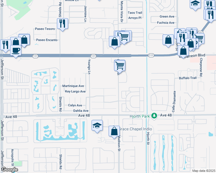 map of restaurants, bars, coffee shops, grocery stores, and more near 80762 Canyon Trail in Indio