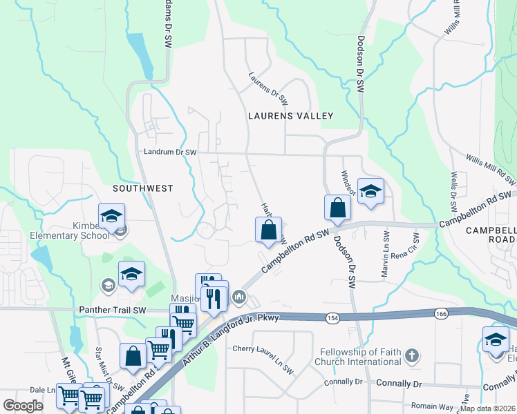 map of restaurants, bars, coffee shops, grocery stores, and more near 1895 Harbin Road Southwest in Atlanta
