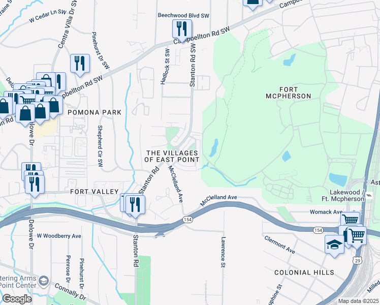 map of restaurants, bars, coffee shops, grocery stores, and more near 74 Gordon Plaza Southwest in Atlanta