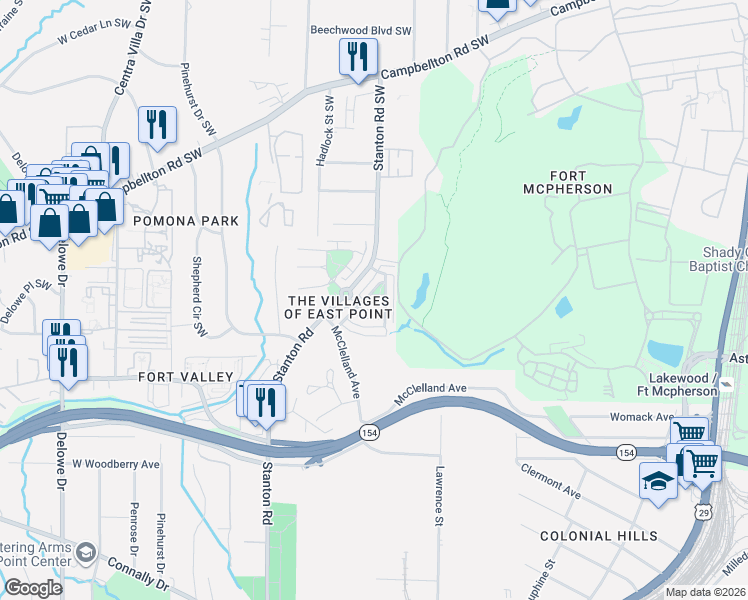 map of restaurants, bars, coffee shops, grocery stores, and more near 1704 Garden Walk in East Point