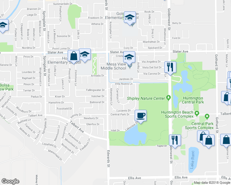 map of restaurants, bars, coffee shops, grocery stores, and more near 17811 Carranza Lane in Huntington Beach