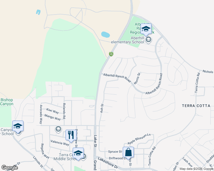 map of restaurants, bars, coffee shops, grocery stores, and more near 3350 Fir Circle in Lake Elsinore