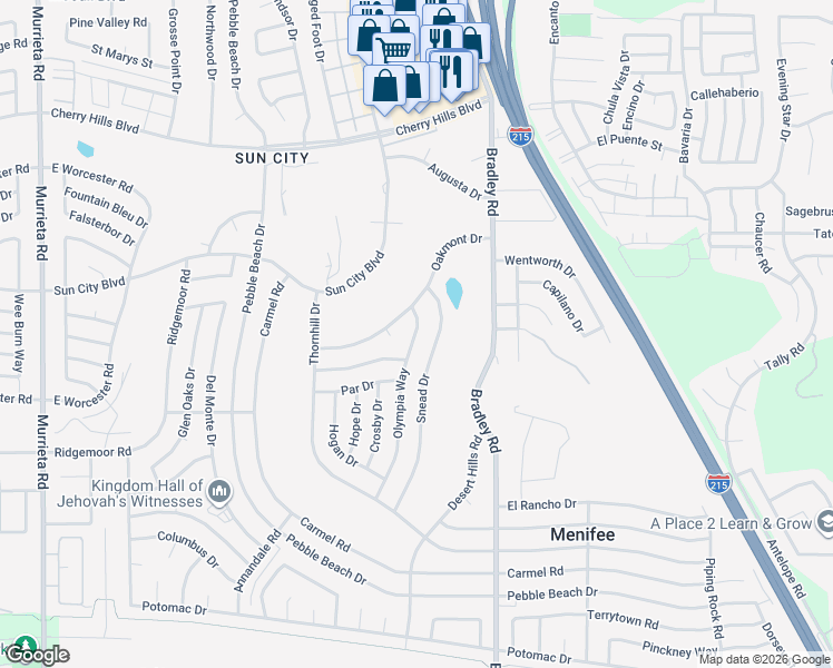map of restaurants, bars, coffee shops, grocery stores, and more near 29020 Olympia Way in Menifee
