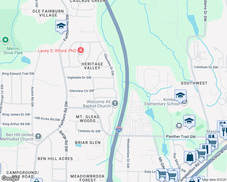 map of restaurants, bars, coffee shops, grocery stores, and more near 3390 Glenview Circle Southwest in Atlanta