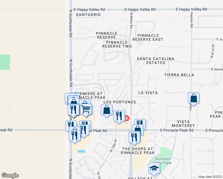 map of restaurants, bars, coffee shops, grocery stores, and more near 23979 North 74th Place in Scottsdale