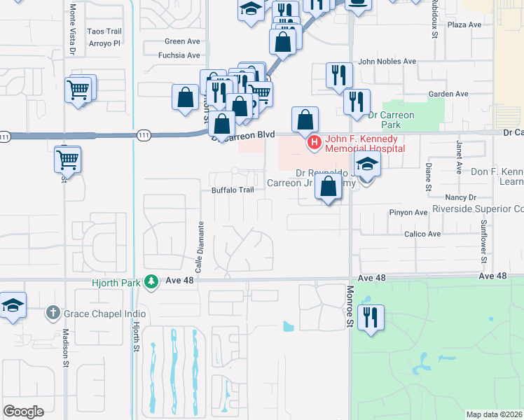 map of restaurants, bars, coffee shops, grocery stores, and more near 47560 Stampede Trail in Indio