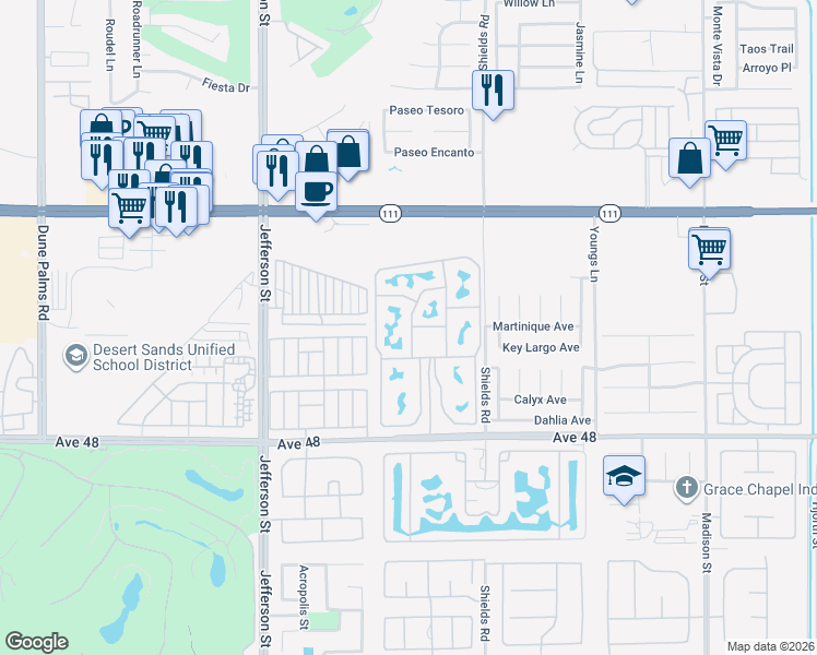 map of restaurants, bars, coffee shops, grocery stores, and more near 80394 Avenue 48 in Indio