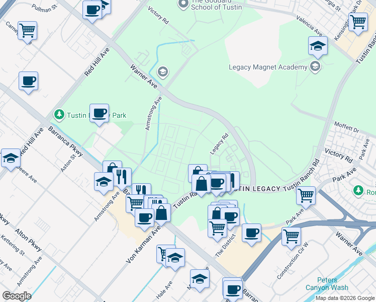 map of restaurants, bars, coffee shops, grocery stores, and more near 16235 Dawn Way in Tustin