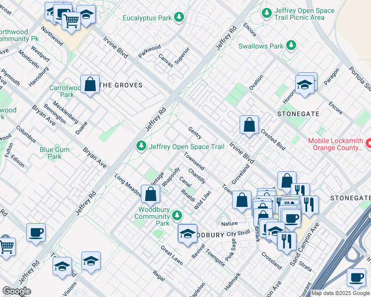 map of restaurants, bars, coffee shops, grocery stores, and more near 220 Vintage in Irvine