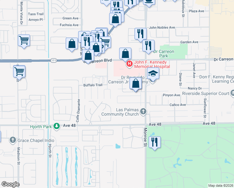 map of restaurants, bars, coffee shops, grocery stores, and more near 81790 Arus Avenue in Indio