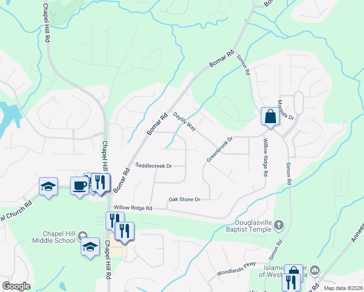 map of restaurants, bars, coffee shops, grocery stores, and more near 3866 West Bridle Court in Douglasville