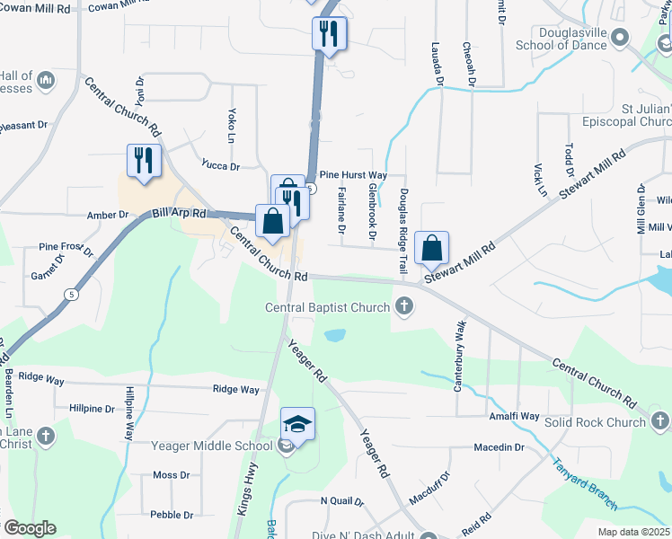 map of restaurants, bars, coffee shops, grocery stores, and more near 5924 Central Church Road in Douglasville