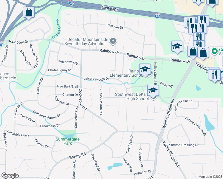 map of restaurants, bars, coffee shops, grocery stores, and more near 2857 Leisure Springs Circle in Decatur