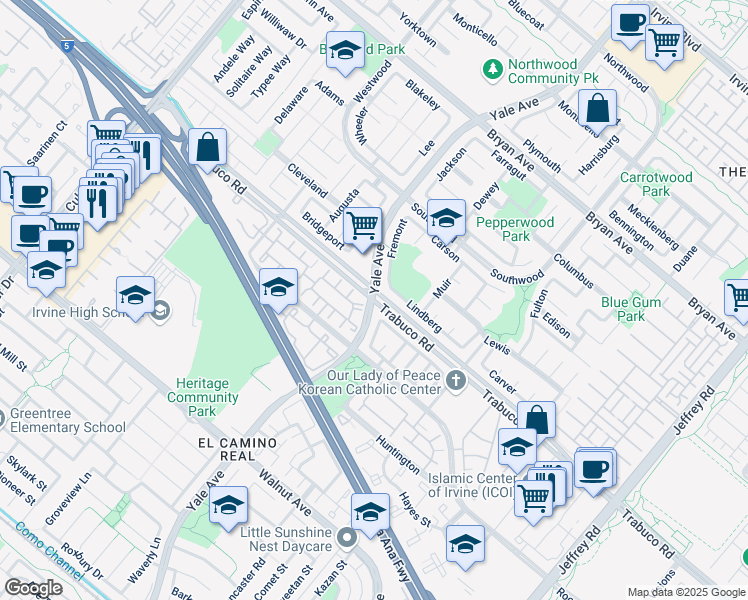 map of restaurants, bars, coffee shops, grocery stores, and more near Yale Avenue & Trabuco Road in Irvine