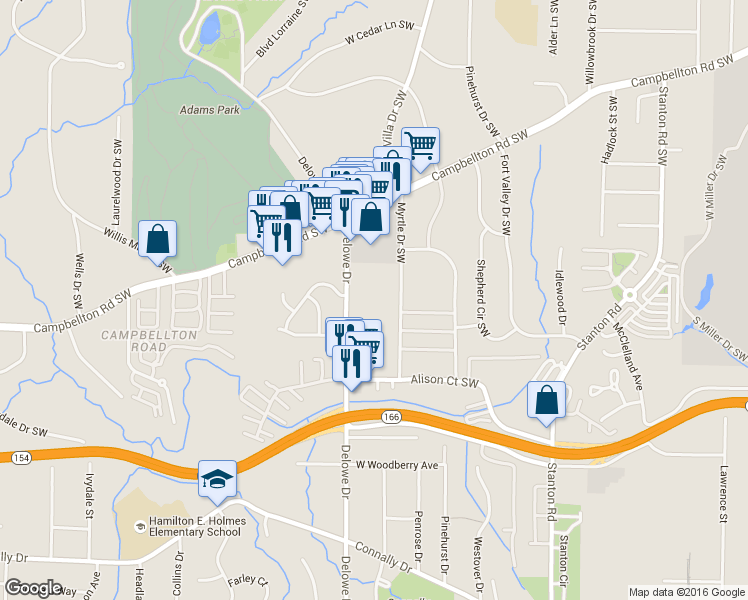 map of restaurants, bars, coffee shops, grocery stores, and more near 1901 Myrtle Drive Southwest in Atlanta