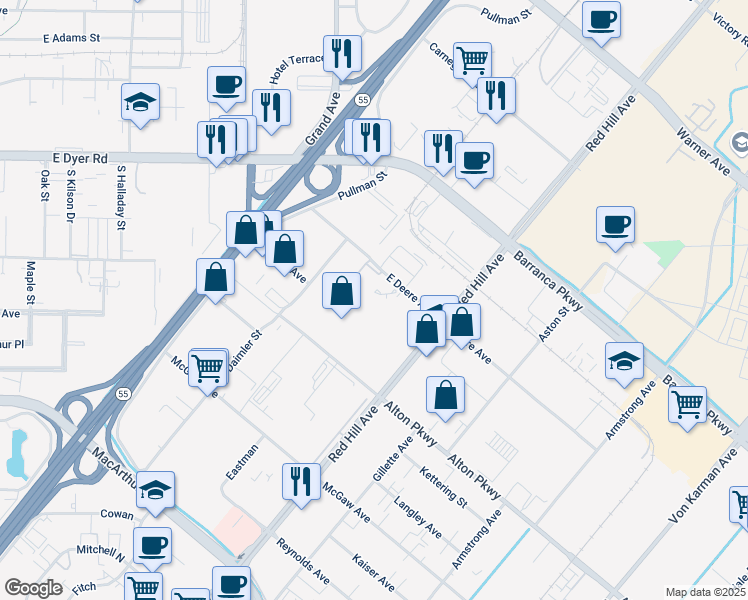 map of restaurants, bars, coffee shops, grocery stores, and more near 1940 East Deere Avenue in Santa Ana