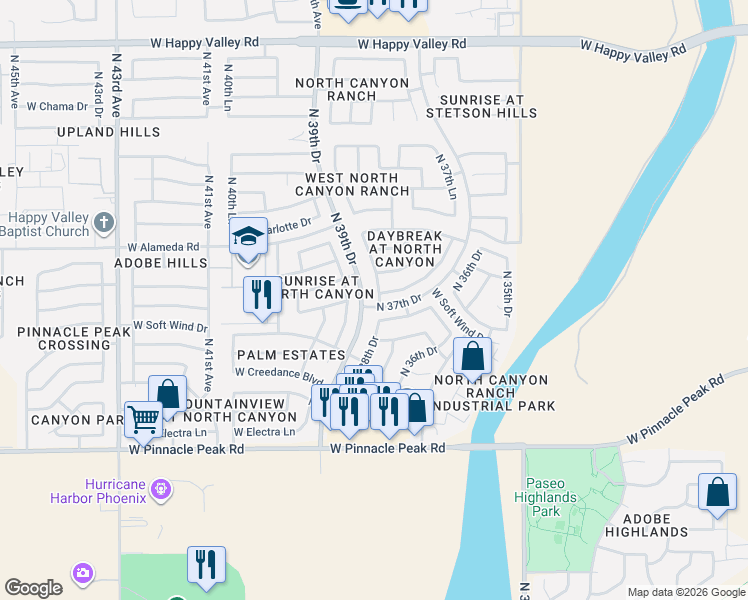 map of restaurants, bars, coffee shops, grocery stores, and more near 23856 North 38th Lane in Glendale
