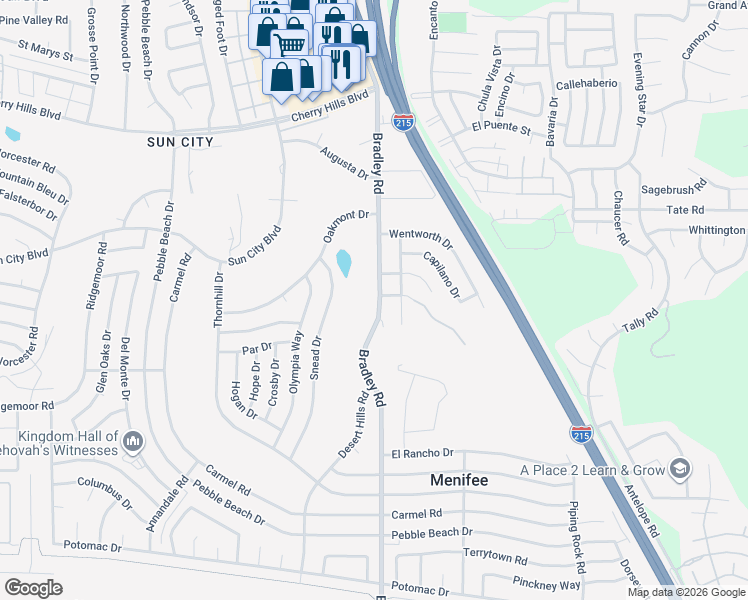 map of restaurants, bars, coffee shops, grocery stores, and more near 28741 Bradley Road in Menifee