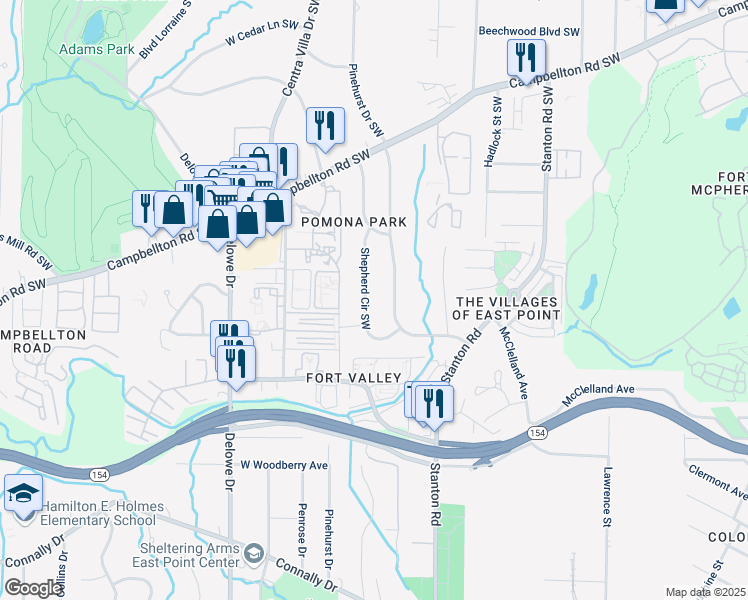 map of restaurants, bars, coffee shops, grocery stores, and more near 1882 Shepherd Circle Southwest in Atlanta